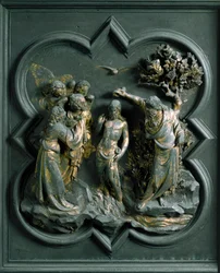 Porta Północna (zwana Bramą Krzyżową, od północy), detal zewnętrzny: „”chrzest Chrystusa””Rzeźba z brązu wykonana przez Lorenzo Ghiberti (1378-1455)