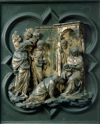 Porta Północna (zwana Bramą Krzyżową od strony północnej), detal zewnętrzny: Pokłon Trzech Króli. Rzeźba z brązu wykonana przez Lorenzo Ghiberti (1378-1455)