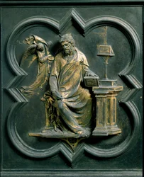 Porte Północnej (zwanej Porte de la Croix, na północy), detal zewnętrzny: Saint Mathieu. Rzeźba z brązu wykonana przez Lorenzo Ghiberti (1378-1455)