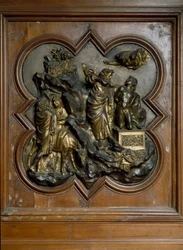 Ofiara Izaaka Basa płaskorzeźba z pozłacanego brązu autorstwa Lorenzo Ghiberti