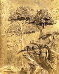Historia Adama, fragment Kuszenie Adama i Ewy, z jednego z oryginalnych paneli z Wschodnich Drzwi Baptysterium, 1425-52 odrestaurowany post pozłacany brąz