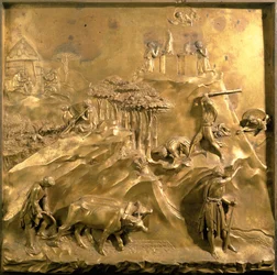 Historia Kaina i Abla: Ofiara, zabójstwo Abla i wygnanie Kaina przez Boga, oryginalna kwatera ze wschodnich drzwi baptysterium, 1425-52 (po konserwacji)