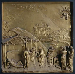 Historia Noego: wyjście z Arki, pijaństwo Noego i jego ofiara dla Boga, jeden z dziesięciu paneli reliefowych z Bramy Raju (drzwi wschodnie), 1425-52