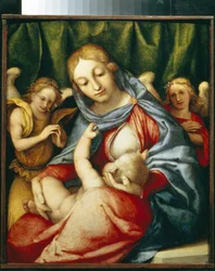 Dziewica karmiąca piersią. (Madonna Del latte). Obraz Lorenzo Lotto (1480-1556), olej na płótnie, ok. 1520. Sztuka włoska (Wenecja)