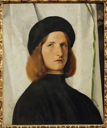 Portret młodego mężczyzny przed białą zasłoną (obraz na drewnie lipowym)
