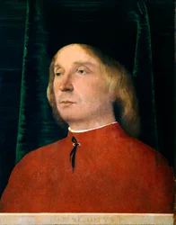 Portret młodego mężczyzny w czerwonym garniturze autorstwa Lorenzo Lotto (1480 ok. 1556), olej na desce, 40x32 cm