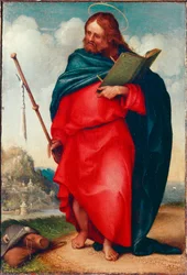 Reprezentacja św. Jakuba Pelerina To jest św. Jakub Większy lub św. Jakub, syn Zebedeusza. Obraz Lorenzo Lotto (ok. 1480-1556) 1510-1512 Wym. 20x15 cm Recanati, Pinakoteka