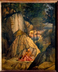 Święty Hieronim medytujący na pustyni. Obraz Lorenzo Lotto (1480 - 1556) Ec. Włochy.