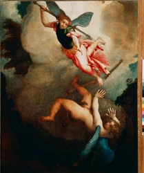 Święty Michał polujący na Lucyfera. Obraz Lorenza Lotta (1480-1556), 1551-1555. Słońce. 167 x 135 cm, Loreto, Palazzo Apostolico