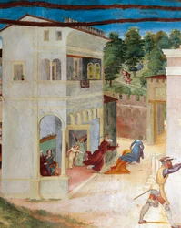 Św. Barbara zaatakowana przez ojca, fragment z Christ-Vine i Legenda o św. Barbarze autorstwa Lorenzo Lotto (ok. 1480 - 1556), fresk, fragment, Villa Suardi, Capella Suardi, Trescore Balneario