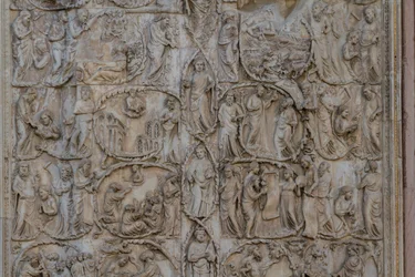 Drzewo Jessego i proroctwa mesjańskie, Stories of Genesis, płaskorzeźby Lorenzo Maitani (przed 1275-1330), drugi filar, fasada katedry w Orvieto, Umbria, Włochy