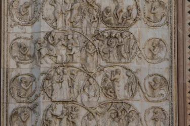 Sceny z życia Chrystusa, Opowieści z Nowego Testamentu, płaskorzeźby Lorenzo Maitani (przed 1275-1330), trzeci filar, fasada katedry w Orvieto, Umbria, Włochy