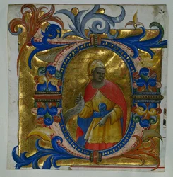 Inicjał D[eus in loco] z prorokiem wyciętym z graduału, 1409-10.