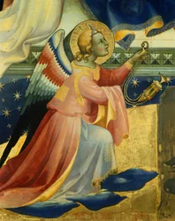 Klęczący Anioł, fragment centralnego panelu Koronacji Marii Lorenzo Monaco (ok. 1370-1425), tempera i złoto na desce, 506x447, 5 cm