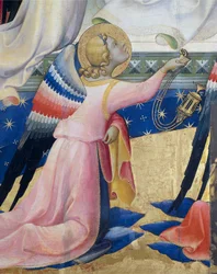 Klęczący anioł, fragment centralnego panelu Koronacji Marii Lorenzo Monaco (ok. 1370-1425), tempera i złoto na desce, 506x4475 cm