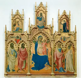 Madonna i Dzieciątko Jezus, święci u góry: Zwiastowanie (tempera na drewnie)