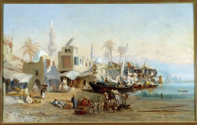 Rybacy i meczety portu Boulack w Egipcie Obraz Amable Louis Crapelet (1822-1867) Nd. 41x64 cm Obowiązkowa wzmianka: Kolekcja fundacji Regards de Provence, Marsylia
