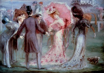 Dobry czas: „Ważenie” Mężczyźni badający młode kobiety z naciskiem na wyścigi konne. Obraz Louisa Anquetina (1861-1932), kolekcja prywatna XX wieku