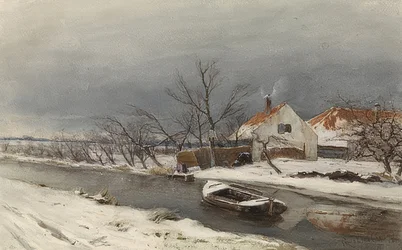 Winterlandschaft mit Häusern und einem Kanal (Zimowy krajobraz z domami nad kanałem). 1874