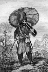 Miałem na sobie kapelusz wysokiego wzrostu... grawerowanie według rysunku M. de Sainsona do Księgi Daniela Defoe (De foe) „Robinson Crusoe”” wydanie francuskie z 1837 r.