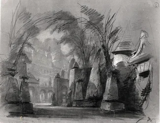 Scenografia do „Les Burgraves” (1843) autorstwa Victora Hugo (1802-85) (ołówek ? na papierze) (zdjęcie czarno-białe)