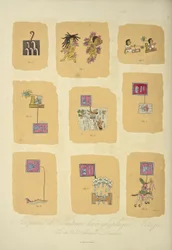 Fragmenty hieroglifów azteckich z Kodeksu Telleriano-Remensis, ilustracja z „Widoki Kordylierów i pomników ludów tubylczych Ameryki” autorstwa Alexandra von Humboldta i Aime Bonplanda