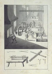 Produkcja armat, rysunek do "Description des Arts et Métiers", autorstwa L. Simonneau, który zainspirował Diderota do napisania Encyclopédie