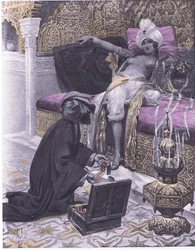 Córka króla Tunisu, ilustracja z Dekameronu Boccaccio wydana przez Towarzystwo Nawarry, lata 30. (lito)