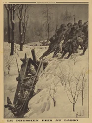 Niemiecki żołnierz w budce wartowniczej schwytany przez francuskich Chasseurs Alpins za pomocą lassa, I wojna światowa