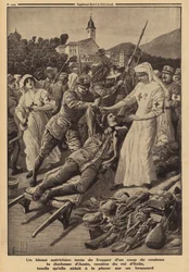 Ranny żołnierz austriacki próbujący dźgnąć księżną Aosty, kuzynkę króla Wiktora Emanuela III Włoch, pracującą jako pielęgniarka-wolontariuszka i próbująca pomóc mu na noszach, I wojna światowa