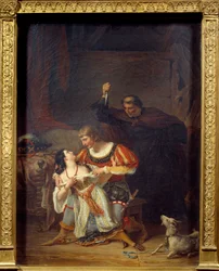 Archidiakon Frollo i Esmeralda, Febus i Esmeralda spleceni; za Febusem pojawia się Claude Frollo z sztyletem, by zabić swego rywala w serce Cyganki. Ilustracja do „Notre-Dame de Paris” Victora Hugo (1802-1885). Obraz Auguste