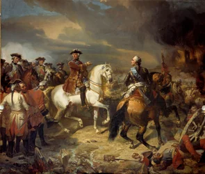 Bitwa pod Lawfeld wygrana przez marszałka saskiego 27.07.1747. Armia francuska króla Ludwika XV odniosła zwycięstwo nad Brytyjczykami księcia Cumberland. Obraz Louis Charles Auguste Couder (1789-1873) 1836 Nd. 4,65x5,43 m -Bitwa pod Lauffeld