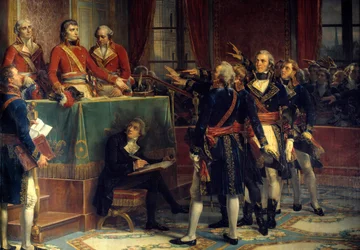 Trzej konsulowie: Bonaparte, Cambacérès i Lebrun odbierają przysięgi prezydentów. Po prawej Emmanuel-Joseph Sieyès (1748-1836) i Pierre-Roger Ducos (1747-1816). Obraz Louisa Charlesa Auguste
