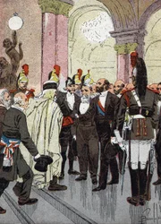 Bankiet burmistrzów Francji (Bankiet burmistrzów Francji 18 sierpnia 1889 w ratuszu Paryża, zaproszony na Wielką Wystawę) Ilustracja Louisa Charlesa Bombleda (1862-1927) z „Les grandes journees de” Merciera l