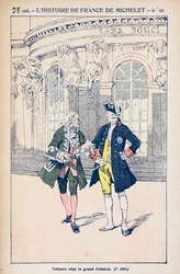 Francois Voltaire (1694-1778) z królem Prus Fryderykiem II (1712-86) w Sanssouci koło Poczdamu, z "Histoire de France" Julesa Micheleta (1798-1874) ok. 1900 r.