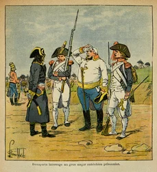 Ilustracja zbombardowanego Louisa (1862-1927) z hrabiego Emmanuela de Las Cases (1766-1842): Podczas kampanii włoskiej Bonaparte przesłuchuje austriackiego oficera więźnia, kolekcja prywatna