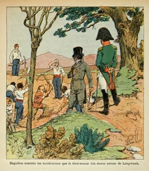 Ilustracja Bombled Louis (1862-1927) z hrabiego Emmanuela de Las Cases „Pomnik Świętej Heleny” (1766-1842): Napoleon bada fortyfikacje, które gubernator Hudson Lowe (1769-1844) wzniósł wokół Longwood, kolekcja prywatna