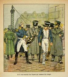 Ilustracja autorstwa Bombled Louisa (1862-1927) z książki „Memoriał św. Heleny” hrabiego Emmanuela de Las Cases (1766-1842): Były oficer Napoleona, w trakcie renowacji, wzywa byłych poborowych do odrzucenia reżimu cesarskiego, Kolekcja częściowa