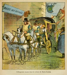 Ilustracja Bombled Louis (1862-1927) z książki „Memoriał św. Heleny” hrabiego Emmanuela de Las Cases (1766-1842): Cesarz Napoleon jedzie samochodem na spotkanie ze swoją żoną Marie Louise w 1810 r., Kolekcja prywatna