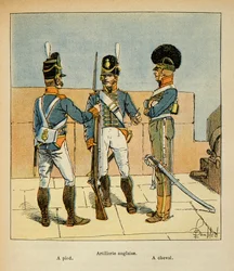 Ilustracja autorstwa Bombled Louis (1862-1927) z książki hrabiego Emmanuel de Las „Memoriał św. Heleny” (1766-1842): Artyleria angielska: pieszo; Konno, kolekcja prywatna