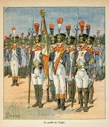 Ilustracja Bombled Louis (1862-1927) z książki „Memoriał św. Heleny” hrabiego Emmanuela de Las Cases (1766-1842): Straż Orła (stworzona przez Napoleona w celu ochrony flagi), kolekcja prywatna