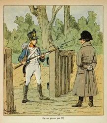 Ilustracja Bombled Louis (1862-1927) z książki „Memoriał św. Heleny” hrabiego Emmanuela de Las Cases (1766-1842): Napoleon odwiedzający niektóre posterunki w przededniu bitwy zatrzymanej przez strażnika, zbiory prywatne
