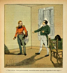 Ilustracja Bombled Louis (1862-1927) z książki „Memoriał św. Heleny” hrabiego Emmanuela de Las Cases (1766-1842): Cesarz Napoleon obwinia gubernatora Hudsona Lowe (1769-1844) za jego zachowanie wobec niego, Collection Partial