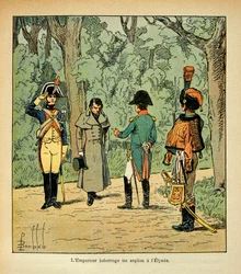 Ilustracja autorstwa Bombled Louisa (1862-1927) z książki „Memoriał św. Heleny” hrabiego Emmanuela de Las Cases (1766-1842): Cesarz Napoleon przesłuchuje szpiega w Pałacu Elizejskim, kolekcja prywatna