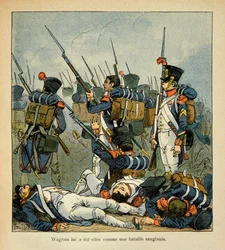 Ilustracja autorstwa Bombled Louis (1862-1927) z książki „The Memorial of Saint Helene” hrabiego Emmanuela de Las Cases (1766-1842): Grognards at the Battle of Wagram, kolekcja prywatna
