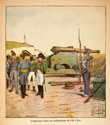 Ilustracja Bombled Louis (1862-1927) z książki „Memoriał św. Heleny” hrabiego Emmanuela de Las Cases (1766-1842): Cesarz Napoleon odwiedza fortyfikacje wyspy Aix po swojej abdykacji, Kolekcja prywatna