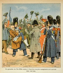 Ilustracja autorstwa Bombled Louisa (1862-1927) z książki „Memoriał św. Heleny” hrabiego Emmanuela de Las Cases (1766-1842): Grenadier przyprowadza do Napoleona swego niegenerującego ojca, niosąc go w ramionach, gdy wraca z wyspy Elba , Prywatne płk