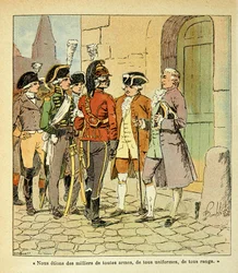 Ilustracja Bombled Louis (1862-1927) z książki „Memoriał św. Heleny” hrabiego Emmanuela de Las Cases (1766-1842): Emigrers to Coblenz (Koblenz) podczas rewolucji, kolekcja prywatna