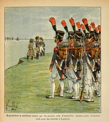 Ilustracja autorstwa Bombleda Louisa (1862-1927) z książki "Pamiątka Świętej Heleny" hrabiego Emmanuela de Las Cases (1766-1842): The Great Armee in Boulogne, Cesarz Napoleon kontempluje Anglię, którą chce najechać, Kolekcja prywatna