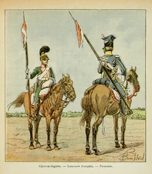 Ilustracja Bombled Louis (1862-1927) z książki „Memoriał św. Heleny” hrabiego Emmanuela de Las Cases (1766-1842): Lekkie konie gwardii: francuski i polski lansjer, kolekcja prywatna